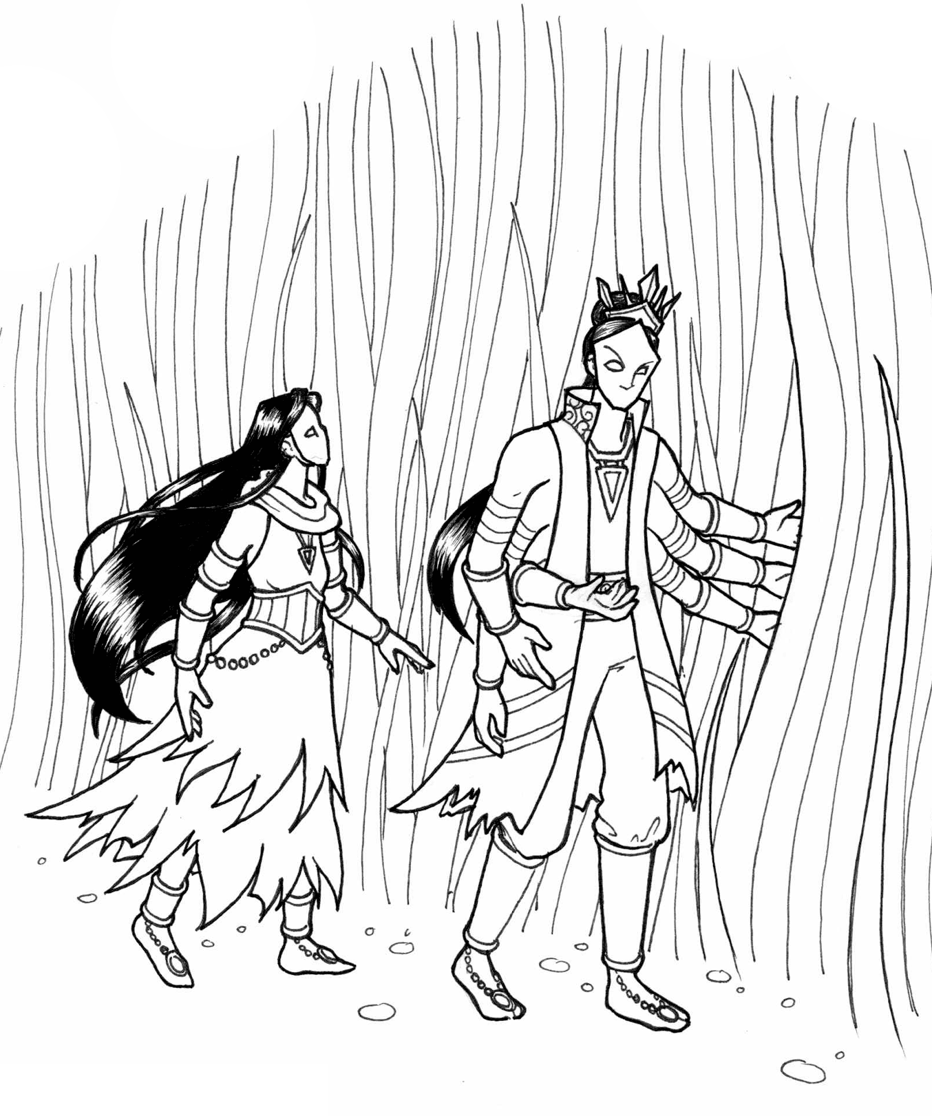 Greenshield Two masked people walk along next to a forest of grass, taller than they stand. They are in masks. On the left is Kalrevi, a woman with black hair and a dress with a tattered cut, and Surrendra on the right, he has six arms.