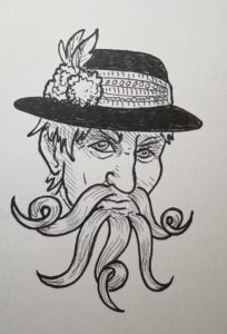 An illustration of a Ksenyan man. He has a fashioned beard with five curving points. He doesn't look very friendly.